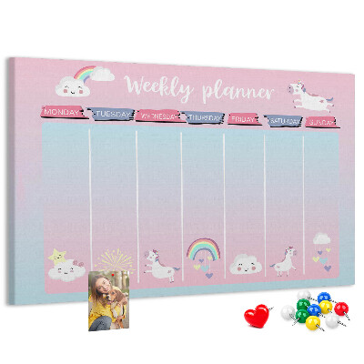 Cork memo board Unicorns weekly planner