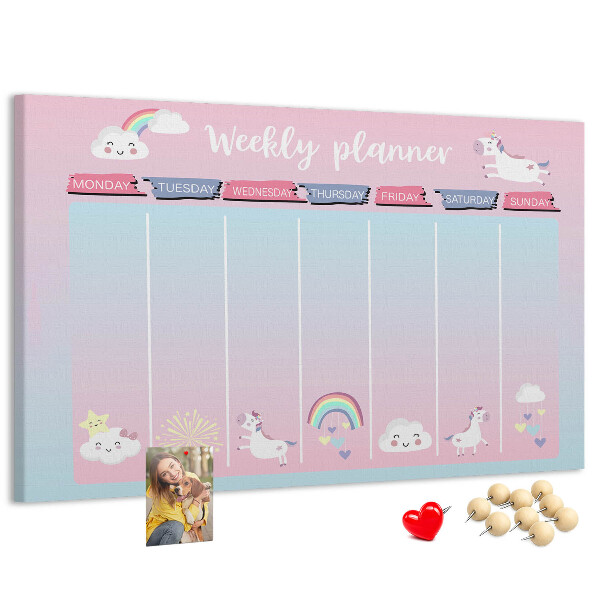 Cork memo board Unicorns weekly planner