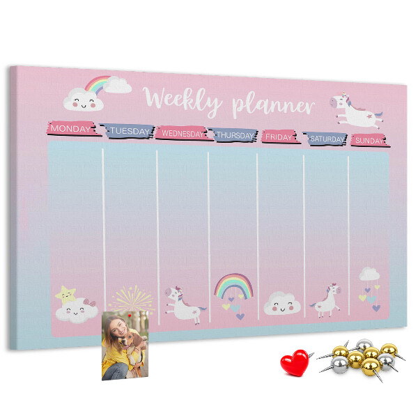 Cork memo board Unicorns weekly planner