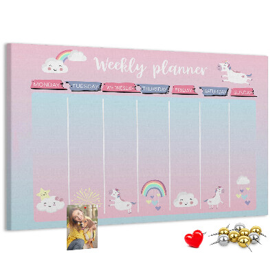Cork memo board Unicorns weekly planner