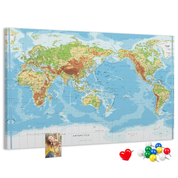 Cork memo board Physical world map