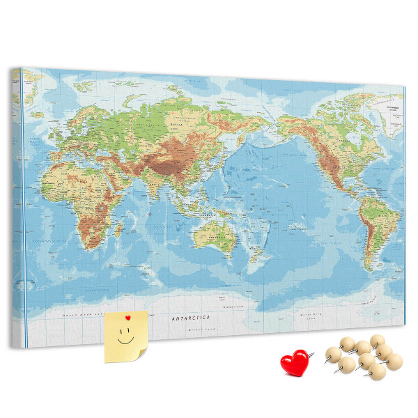 Cork memo board Physical world map