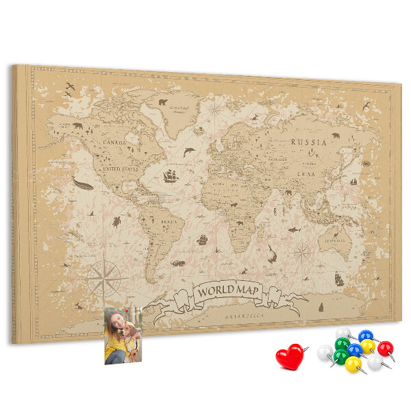 Cork memo board Vintage world map