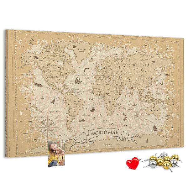 Cork memo board Vintage world map