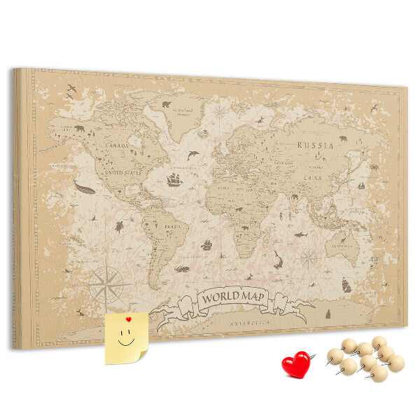 Cork memo board Vintage world map