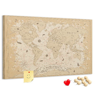 Cork memo board Vintage world map