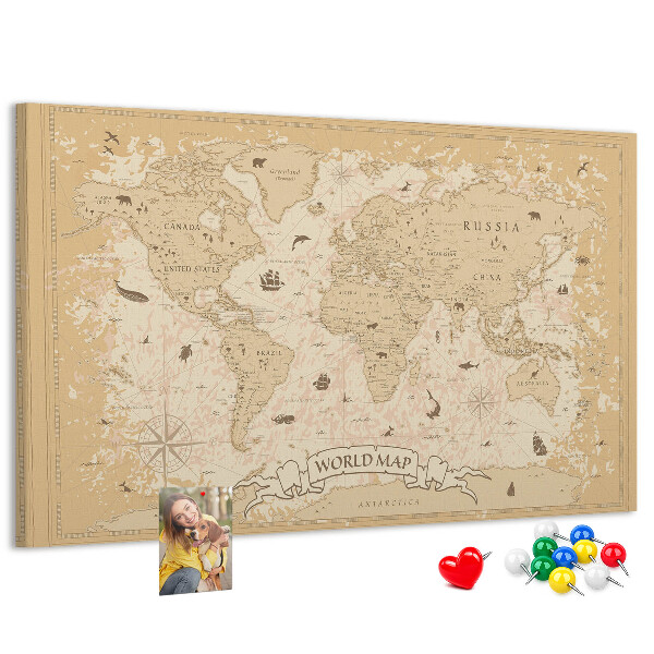 Cork memo board Vintage world map