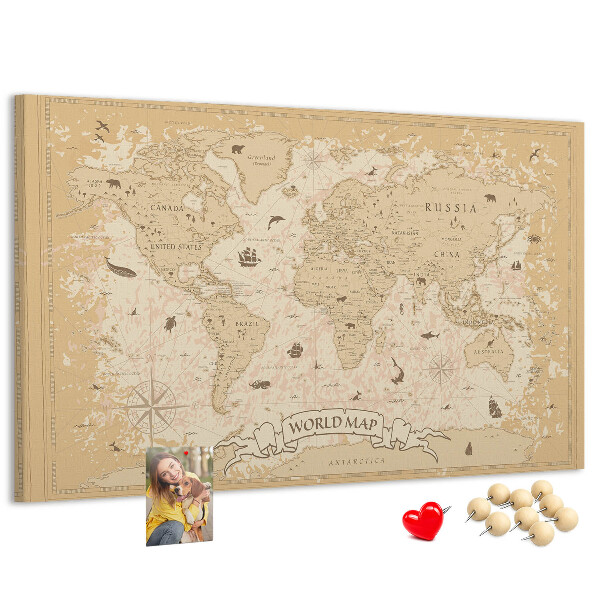 Cork memo board Vintage world map