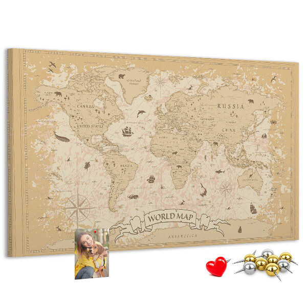 Cork memo board Vintage world map