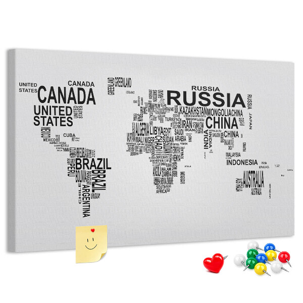 Cork memo board Continents made of letters