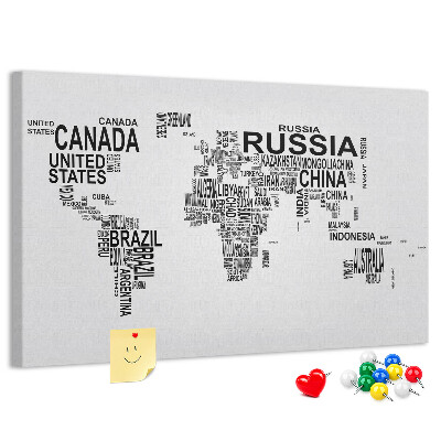 Cork memo board Continents made of letters