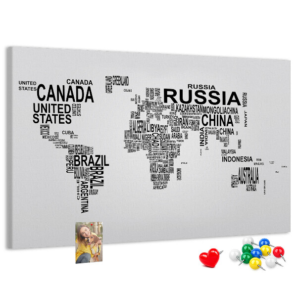 Cork memo board Continents made of letters