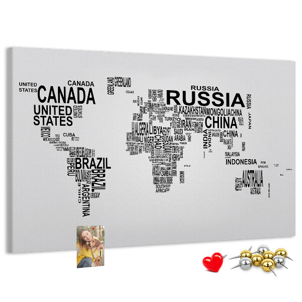 Cork memo board Continents made of letters