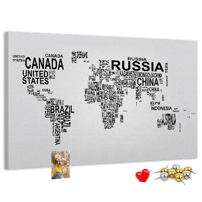 Cork memo board Continents made of letters