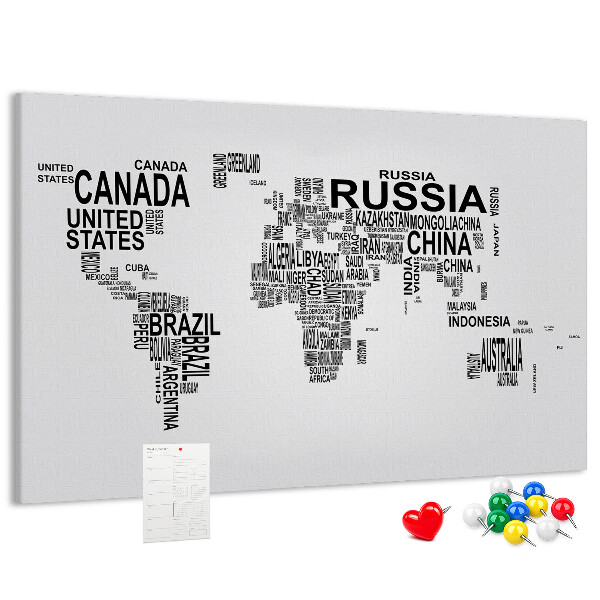 Cork memo board Continents made of letters