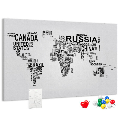 Cork memo board Continents made of letters