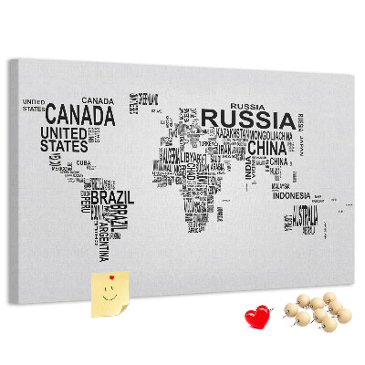 Cork memo board Continents made of letters