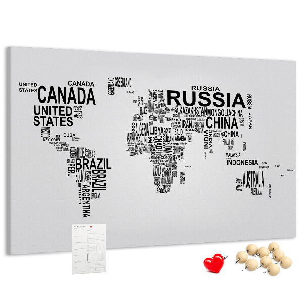 Cork memo board Continents made of letters