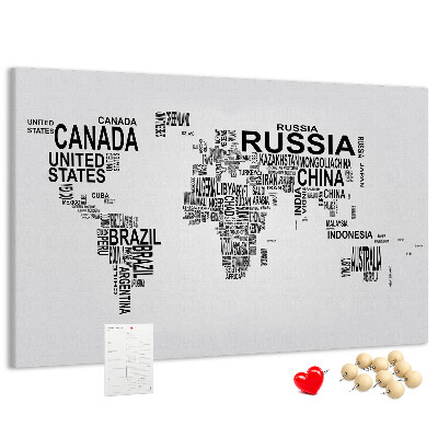 Cork memo board Continents made of letters