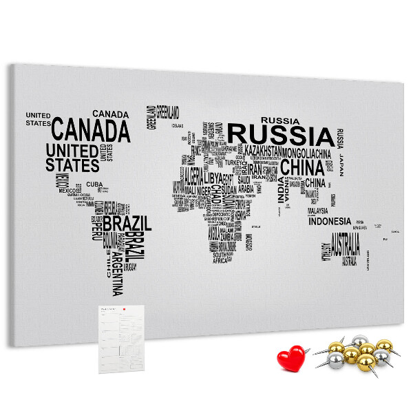 Cork memo board Continents made of letters