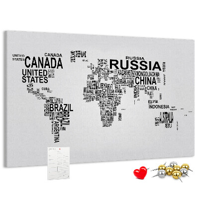 Cork memo board Continents made of letters