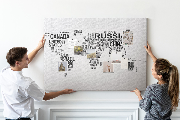 Cork memo board Continents made of letters