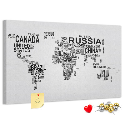 Cork memo board Continents made of letters