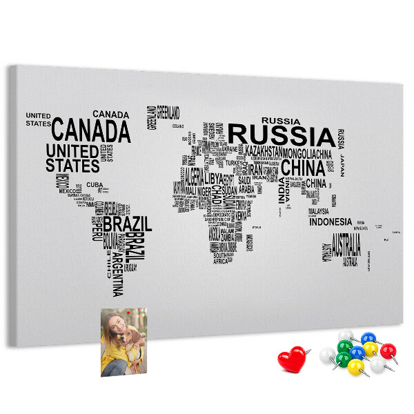 Cork memo board Continents made of letters