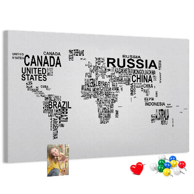 Cork memo board Continents made of letters