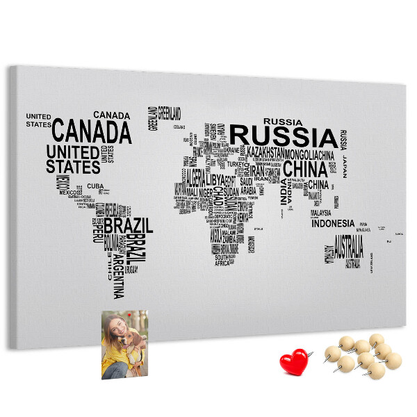 Cork memo board Continents made of letters