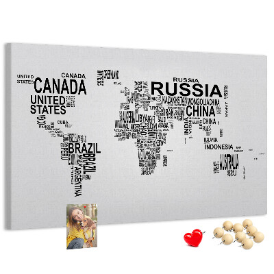 Cork memo board Continents made of letters