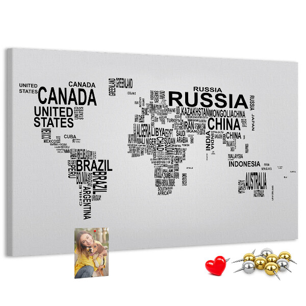 Cork memo board Continents made of letters