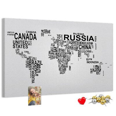 Cork memo board Continents made of letters