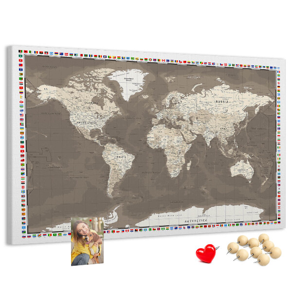 Cork memo board Brown world map