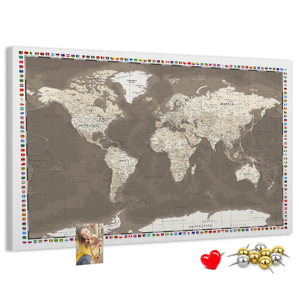 Cork memo board Brown world map