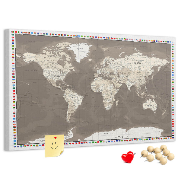 Cork memo board Brown world map