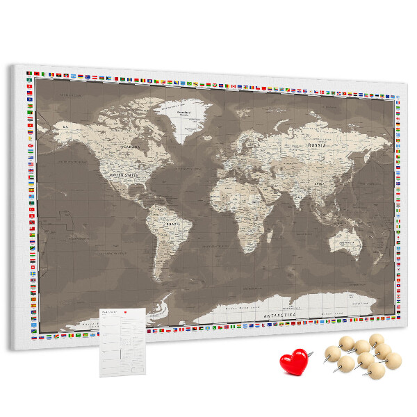 Cork memo board Brown world map