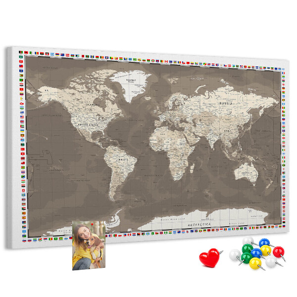 Cork memo board Brown world map