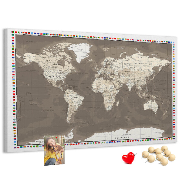 Cork memo board Brown world map