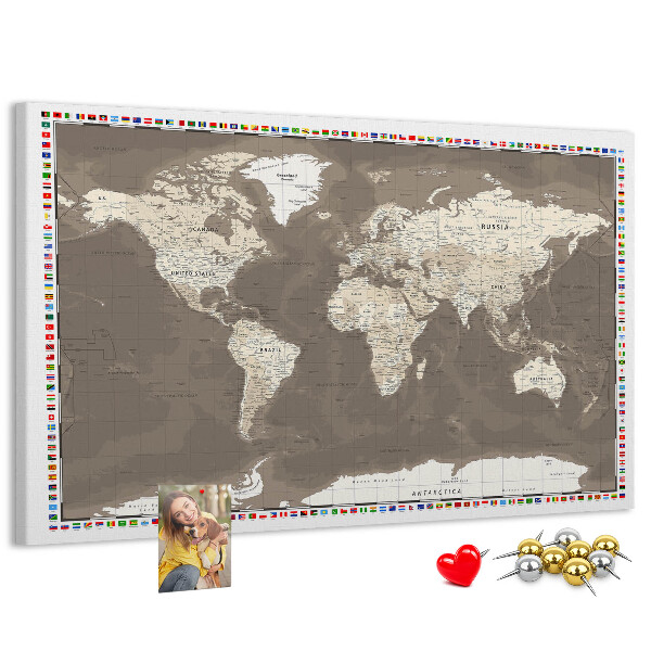 Cork memo board Brown world map