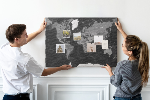 Cork memo board Black world map