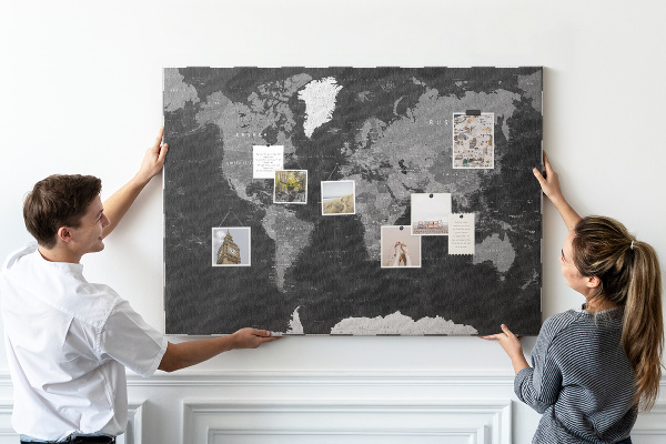 Cork memo board Black world map