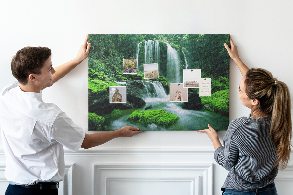 Cork board Waterfall among moss