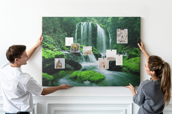 Cork board Waterfall among moss