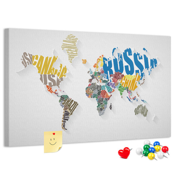 Cork memo board Textual world map