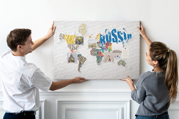 Cork memo board Textual world map