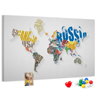 Cork memo board Textual world map