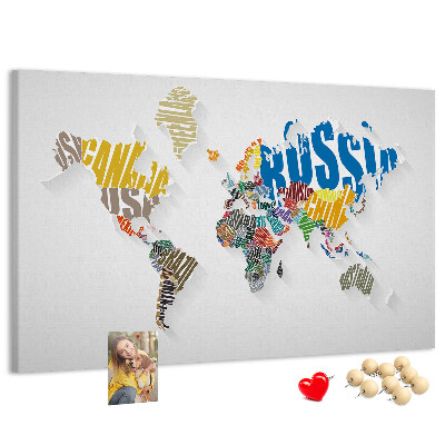 Cork memo board Textual world map