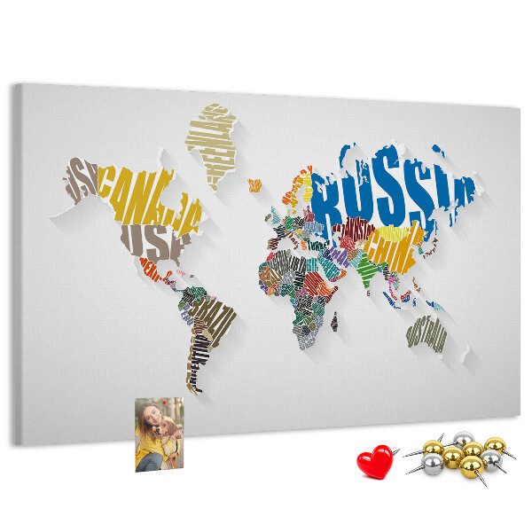 Cork memo board Textual world map