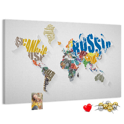 Cork memo board Textual world map